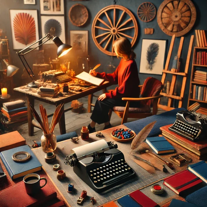 DALL·E 2024-12-03 17.47.51 - A creative scene depicting a writer surrounded by books and writing tools in a cozy and artistic environment. The setting blends modern and vintage el